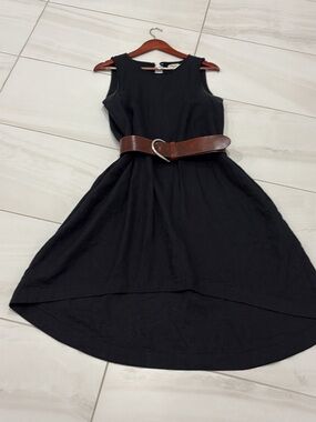 Sleeveless Black High-Low Dress with Brown Belt